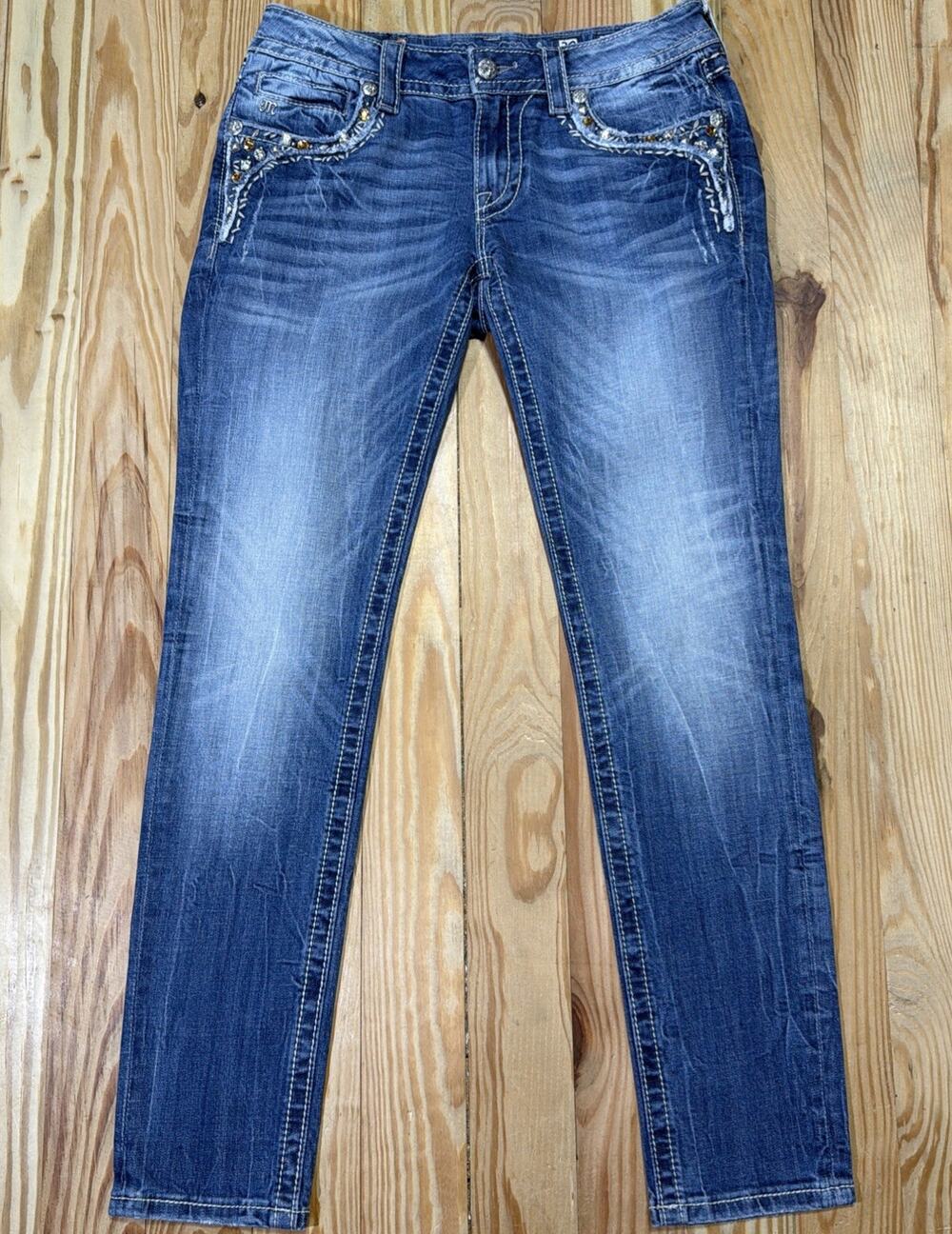 Miss Me Signature Ankle Skinny Denim Blue Jeans Size 29 Whiskered JP575554